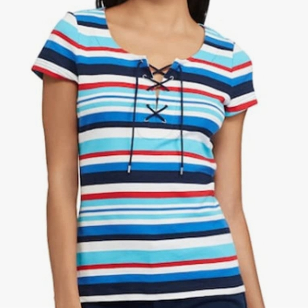 CHAPS Women's Stripped Lace Up Tee - Picture 2 of 11